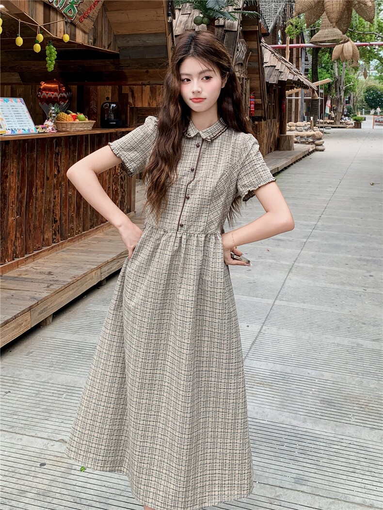 学院风格纹连衣裙女春夏收腰显瘦中长裙格子裙子,女装连衣裙,衣秀之家