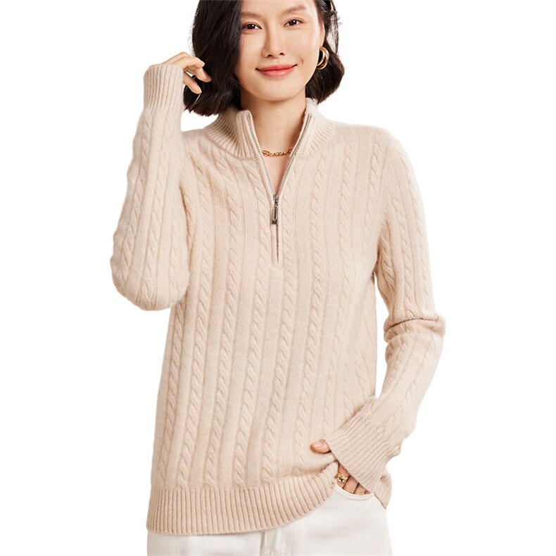 时尚百搭七针麻花半拉链女士秋冬羊绒衫30%羊绒,女装羊绒衫,名驰羊绒