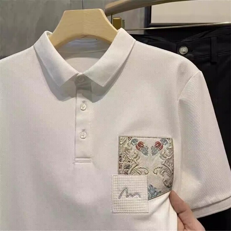 网图25087-P40白色短袖t恤男夏季刺绣宽松高端商务休闲男士polo衫图片