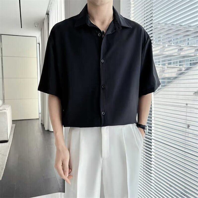 GS531P45夏季短袖衬衫日系港风冰丝垂感宽松纯色商务半袖衬衣男,男装衬衫,星座1108-5