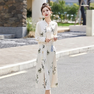 新中式轻G风套装女2026春秋新款高级感禅意印花盘扣半身裙两件套图片