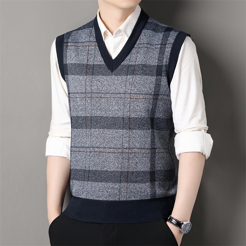 秋冬季加绒休闲爸爸装格子马甲套头宽松中老年款坎肩毛衣背心M20，男装针织衫/毛衣，星座1706