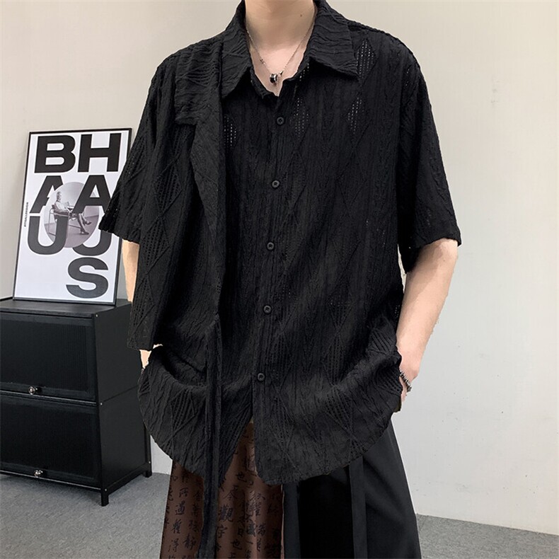 夏季民族服装复古小众提花镂空肌理男女新中式绑带设计短袖衬衫,男装衬衫,星座909