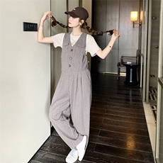 现货咖色格子连体衣阔腿背带裤C158-8633-P120-K178，女装休闲裤，2C158