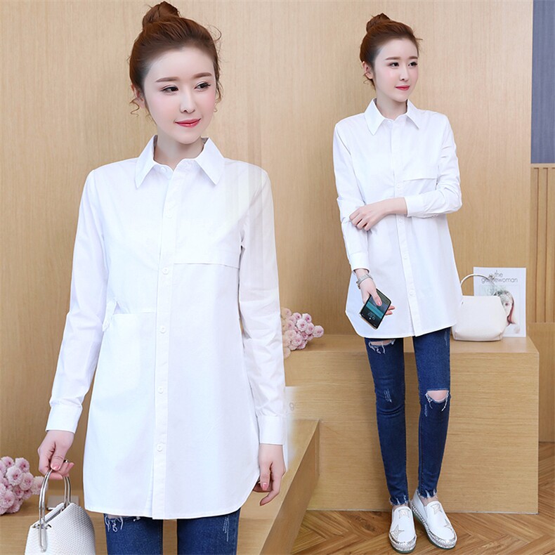 排多扣POLO领纯色衬衫2021年春季长袖中长款时尚修身显瘦淑女，女装衬衫，依恋蒂丝
