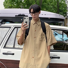 日系条纹衬衫短袖男夏季设计感上衣外套潮牌潮流痞帅港风衬衣，男装衬衫，星座716-2