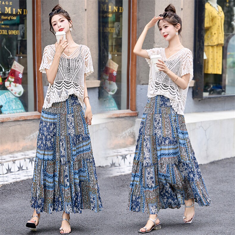 大琳女王【波西米亚】南油新款复古花纹印花拼接高腰半身裙25807，女装套装/套裙，蓝诺裳
