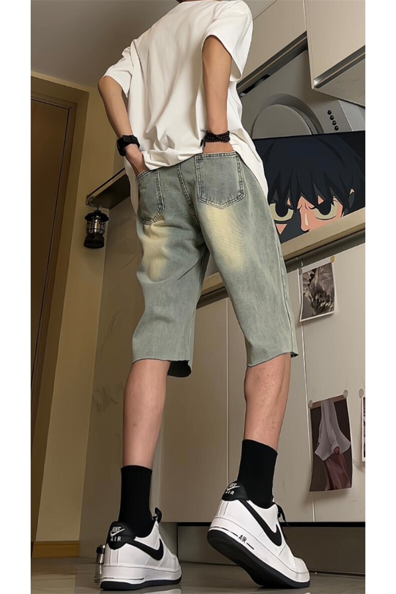 现货夏季黄泥色牛仔毛边短裤美式宽松五分中裤男K5811-P35控58,男装牛仔裤,星座205