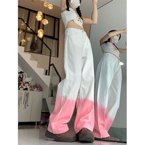 2231-P42 渐变直筒牛仔裤高腰宽松显瘦辣妹风扎染粉色裤子图片