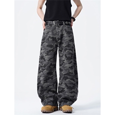 GENIOLAMODE美式直筒迷彩牛仔裤男士秋季新款休闲工装弯刀阔腿裤，男装休闲裤，电商D258