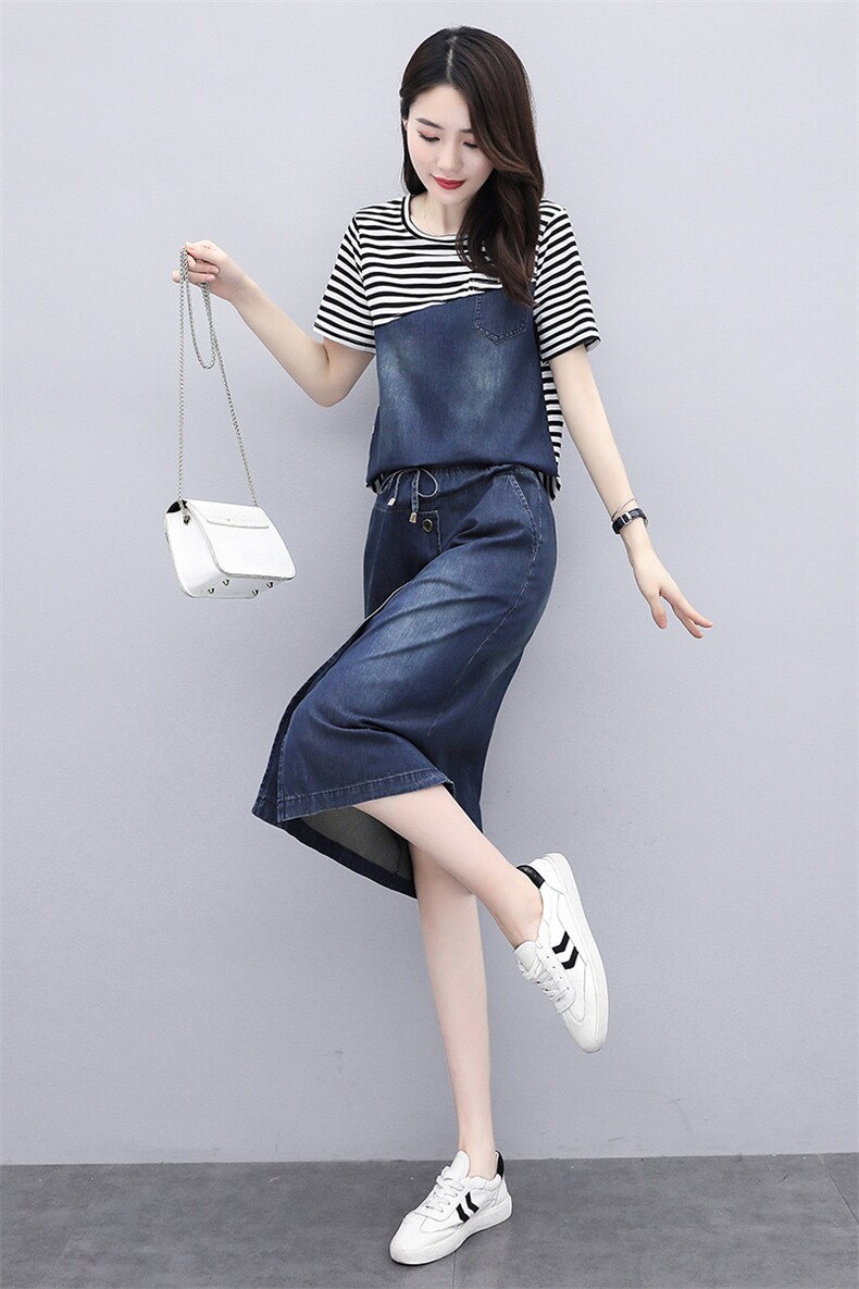 条纹牛仔拼接套装女2023夏季新款女装韩版时尚拼接大码两件套裙潮,女装套装/套裙,慧尚依恋