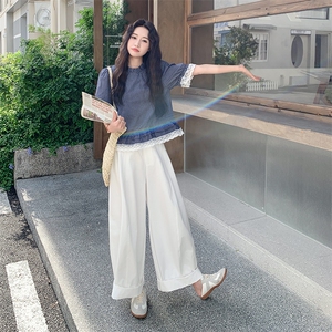 蕾丝拼接格子衬衫阔腿裤套装女夏2025新款超火绝美松驰感ootd爆款图片