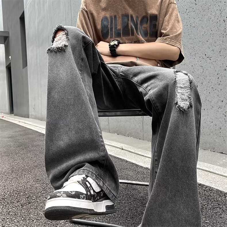 水洗烟灰色牛仔裤潮牌破洞修身vibe微喇ins男长裤N9094,男装牛仔裤,星座1116A-1（原606A）