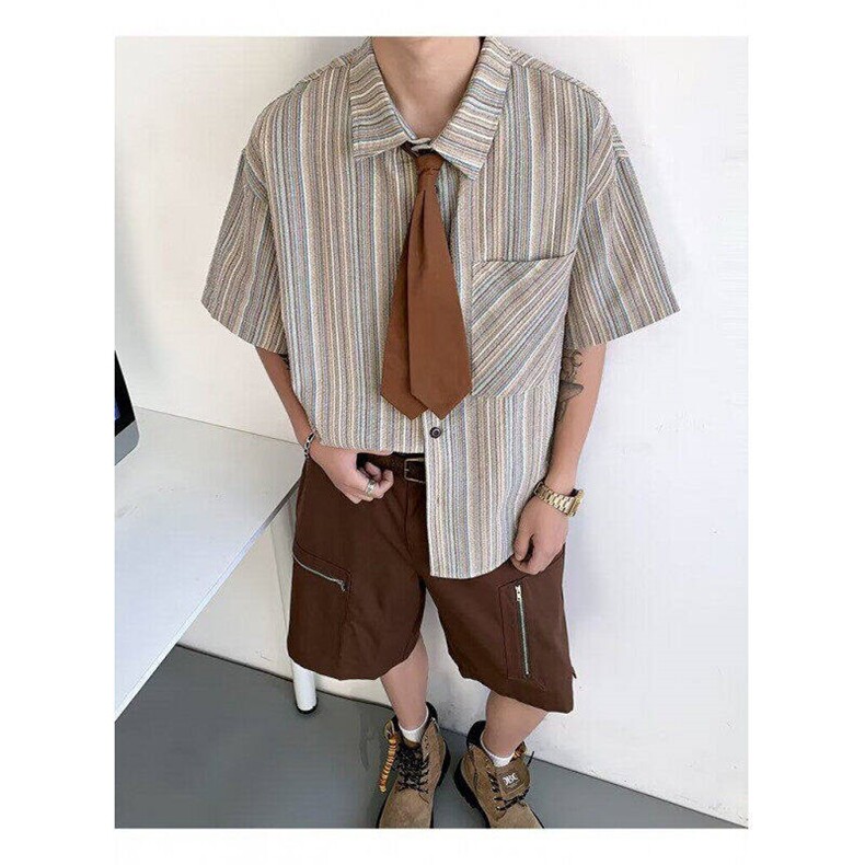 美式潮牌条纹休闲宽松短袖衬衫男女夏季ins潮流衬衣外套C2211-p36,男装T恤,星座1008