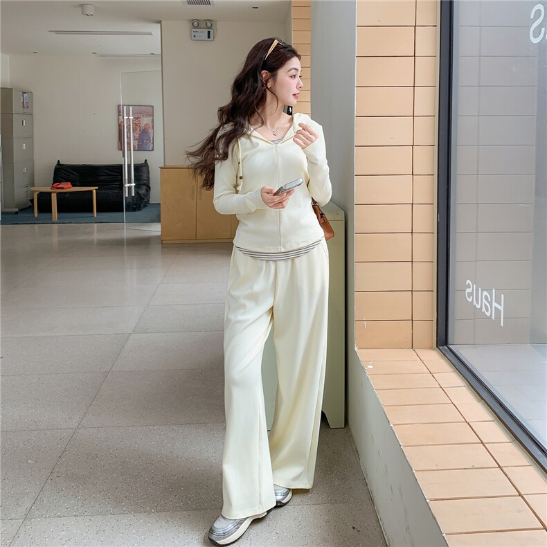 【新品】条纹拼接假两件上衣阔腿裤两件套,女装套装/套裙,2B076