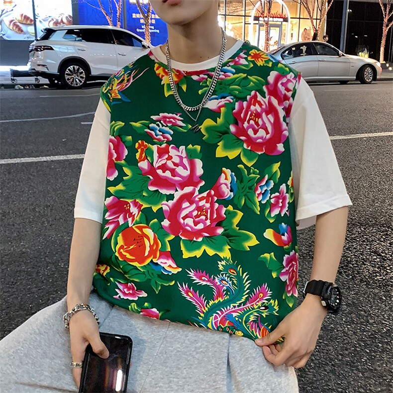 夏季大码东北大花布男背心坎肩运动马甲男装风民族牡丹花MJ01,男装卫衣,星座115A(原星座507）