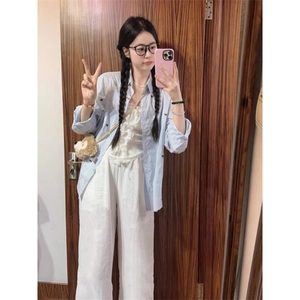 TC587-P45蓝白条纹蝴蝶结刺绣长袖衬衫女防晒衬衣上衣图片