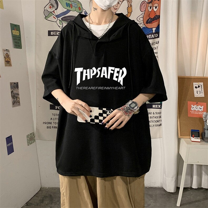 LD54007-P45连帽短袖t恤男大码胖子带帽五分袖中袖,男装T恤,电商A040