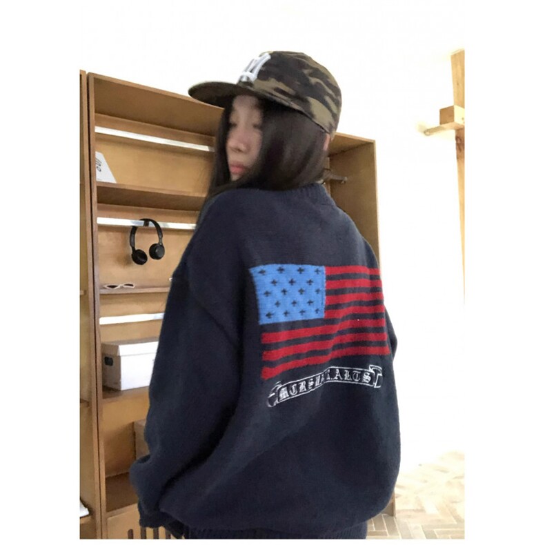 美式复古旗帜字母提花毛衣男女cleanfit慵懒风百搭宽松情侣针织衫,男装针织衫/毛衣,星座506A