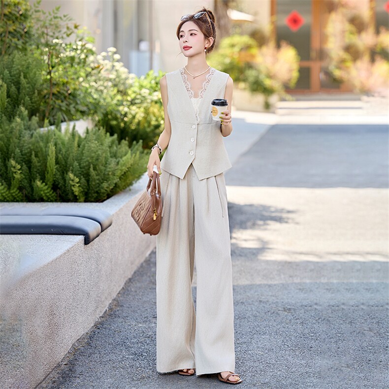 2025夏新款女高级感蕾丝拼接V领无袖马甲女阔腿裤两件套裤SX3125,女装套装/套裙,尚娜萱
