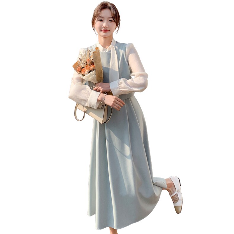 假两件拼接长袖连衣裙女2025春季新款法式高级感气质显瘦衬衫长裙,女装连衣裙,幸运星
