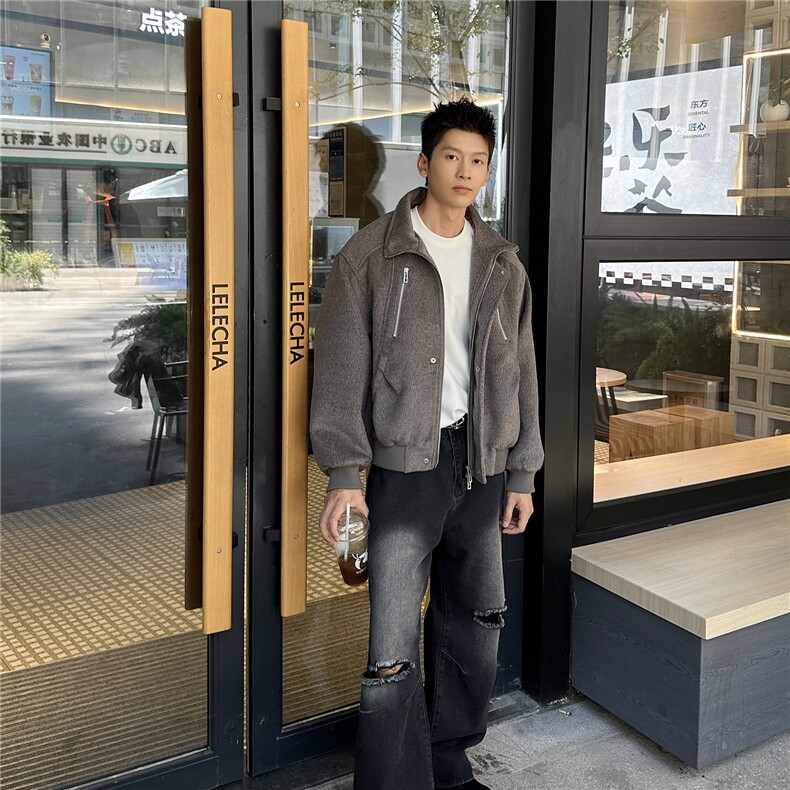 双拉链毛呢夹克外套秋冬短款呢子大衣宽松妮子风A236-JK630-P170,男装毛呢大衣,电商A236