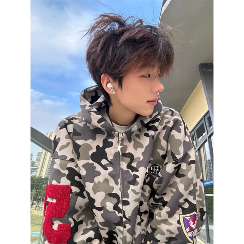 美式杜宾犬勋章刺绣迷彩开衫连帽卫衣男女高街外套潮WY2029P59，女装短外套，星座1013-5