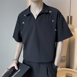 痞帅炸街短袖衬衫男装潮流polo五分袖2025新款设计感潮牌半袖衣服,衣服和扣子搭配图片