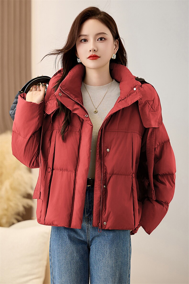 连帽飘带短款羽绒服女2024冬季新款加厚小个子90白鸭绒面包服外套,女装羽绒服,衣之秀