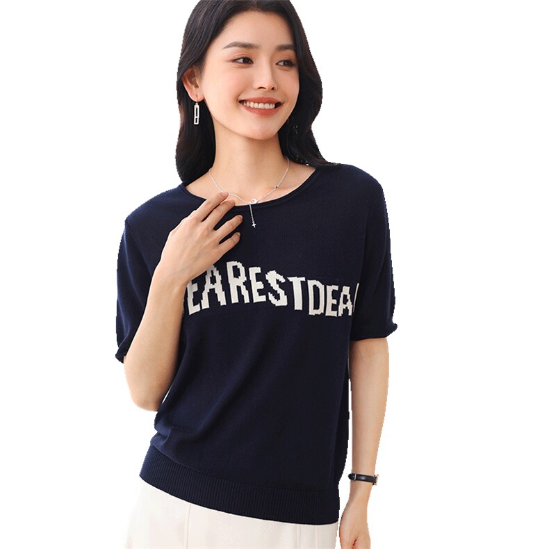 夏季新款纯棉线针织t恤女薄款圆领字母短袖宽松半袖百搭上衣,女装T恤,伊绒腾羊绒