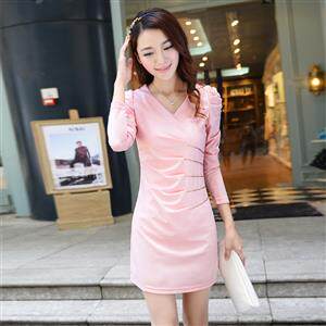 时尚修身显瘦粉色连衣裙 优雅V领长袖设计,女装连衣裙,雪樱依海