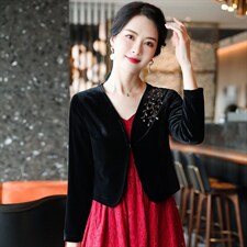 春秋金丝绒小外套女收腰显瘦修身超短款旗袍披肩开衫外搭短外套潮，女装短外套，婵米儿