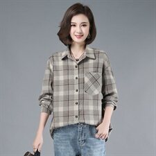 2021年春季自主图常规韩版长袖格子衬衫女磨毛衬衣外套，女装衬衫，伊满意