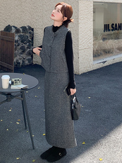 灰色高级感小香风马甲套装裙女2025秋季复古气质轻熟风毛呢三件套，女装套装/套裙，纯色衣恋