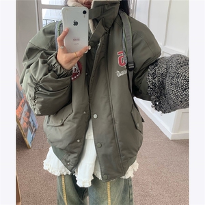 美式设计感羊羔毛翻领棉服外套男女飞行服重磅绣花冬季棉袄网图