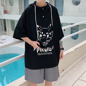 LD54078-P45 连帽短袖t恤男大码胖子带帽五分袖中袖图片