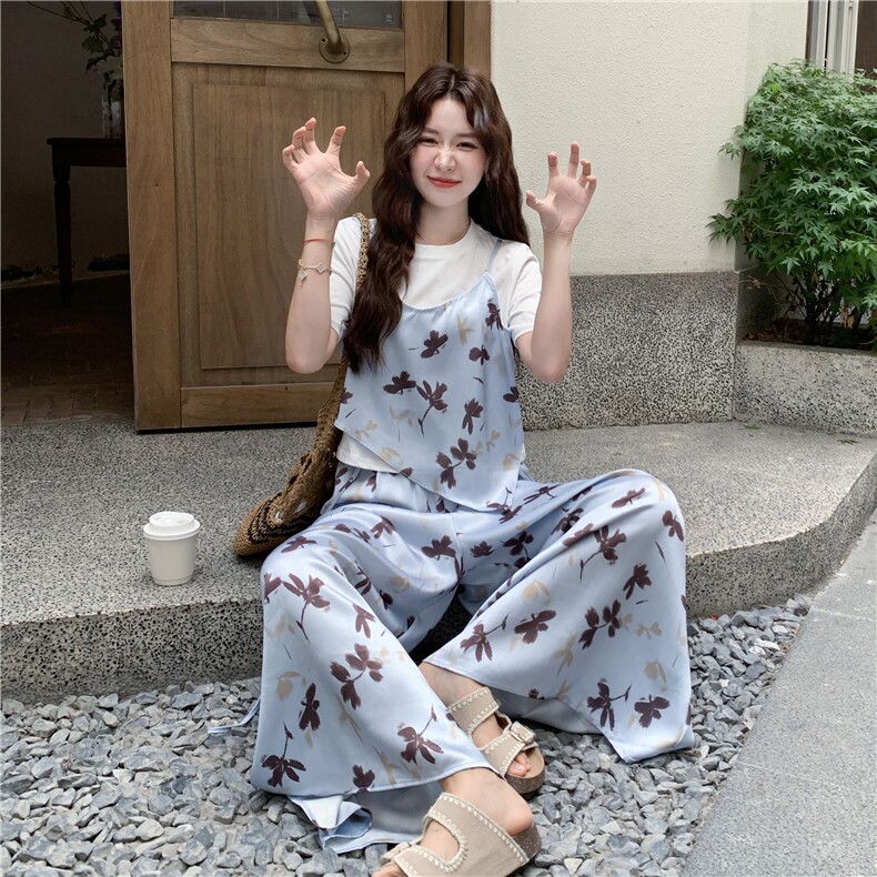 撞色假两件碎花T恤套装女2025年夏装新款设计感休闲阔腿裤两件套,女装套装/套裙,2C122