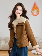 翻领皮毛一体外套2025冬季新款韩版显瘦气质复古小个子羊羔毛棉袄，女装羊羔毛/颗粒绒，拾衣