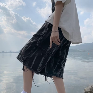 夏季港风拼接撞色毛边五分裤潮牌高街扎染牛仔短裤男 K5981-P37图片