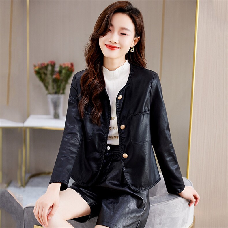 PU皮衣女短款圆领2023洋气显瘦百搭小个子显高长袖皮夹克上衣外套,女装皮衣,江南女神
