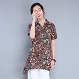 2021年夏季短袖中长款纽扣碎花原创设计气质简约衬衫，女装衬衫，丽影随形