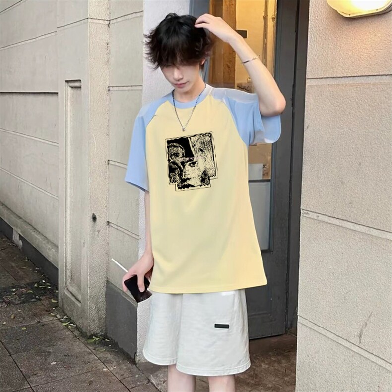 抖音得物高品质二开240克宽松纯棉美式潮牌插肩袖拼接短袖T恤,男装T恤,电商A486
