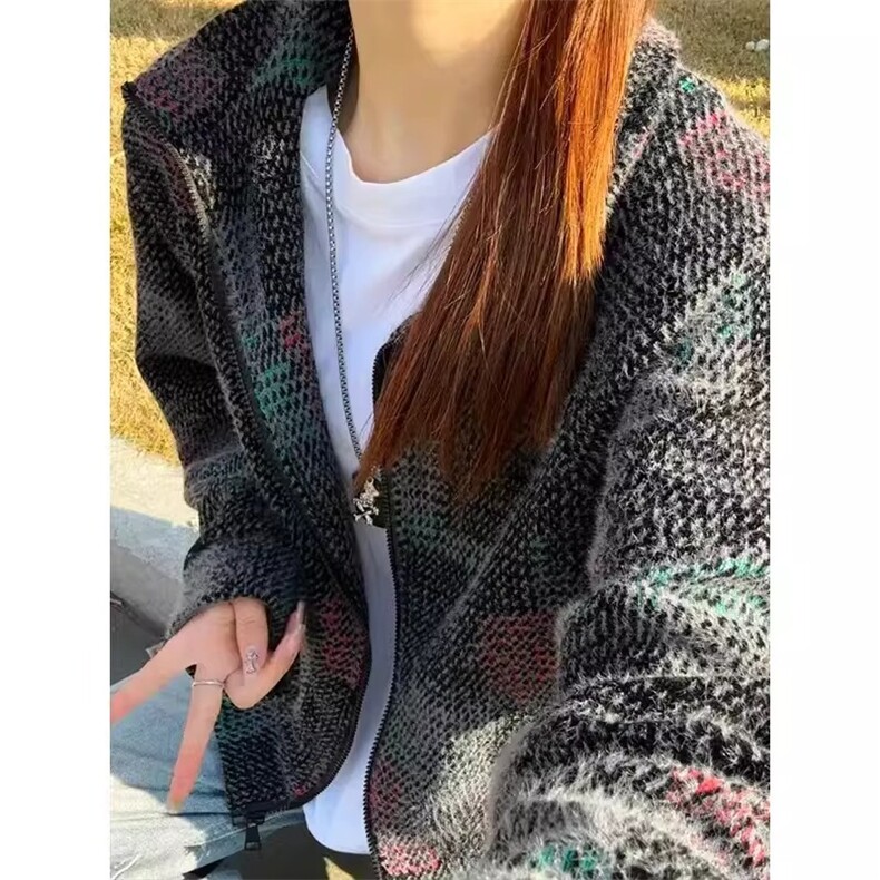 cleanfit彩色格子开衫款冬季高级翻领毛茸外套痞帅情侣上衣,女装短外套,星座506A
