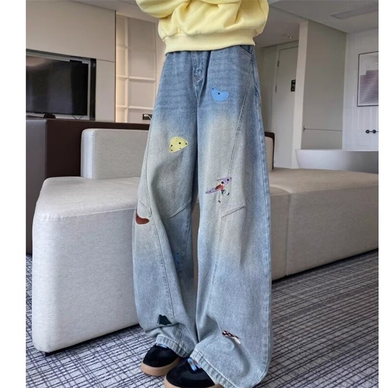 绣花水洗垂感牛仔裤女秋新款高腰宽松显瘦百搭直筒阔腿拖地裤潮,女装休闲裤,星座1210-1