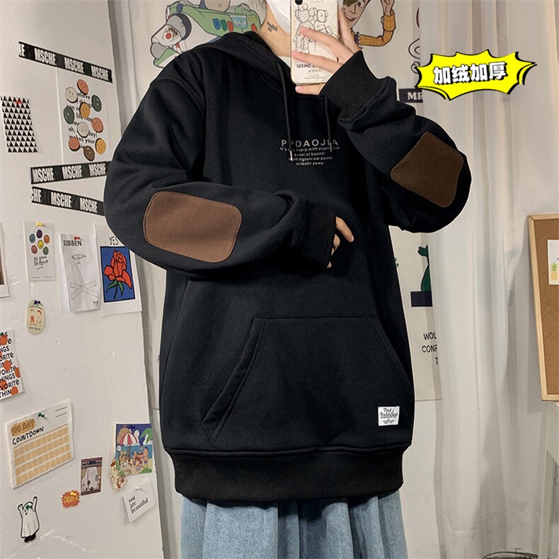 2021冬季新海报墙港风大码男女贴布印花加绒加厚连帽卫衣W5201P50，男装卫衣，电商A001