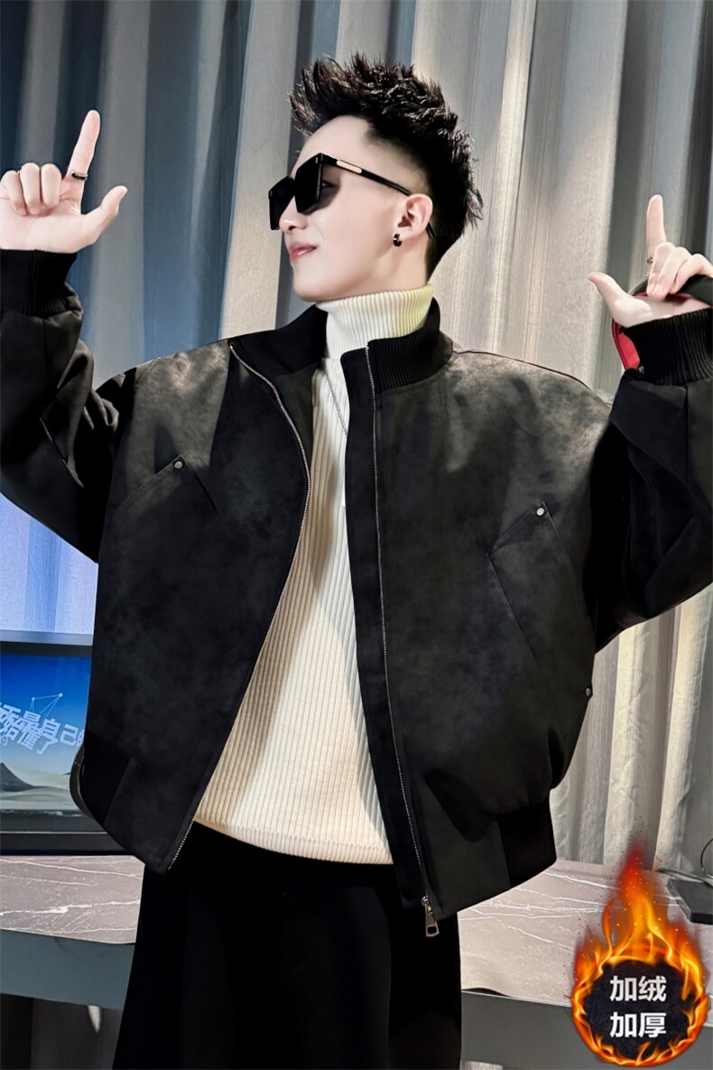 男士冬季短款加绒皮衣男立领宽松版型潮流外套RP8821-P138控178,男装皮衣,电商A368