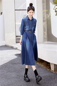 时尚显瘦牛仔披风连衣裙女长袖气质修身百搭裙子，女装连衣裙，秋水欣儿