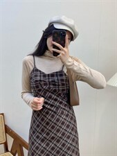 独屿毛呢格纹吊带裙秋冬百搭现货，女装背心吊带，独屿