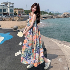 蕾丝拼接度假风无袖碎花连衣裙女夏2025新款绝美流行爆款多巴胺，女装连衣裙，2C110
