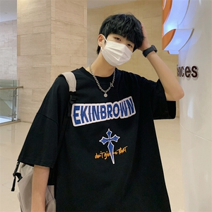 1港风休闲运动情侣大码M-5XL嘻哈潮圆领短袖T恤男DT7705P25控38